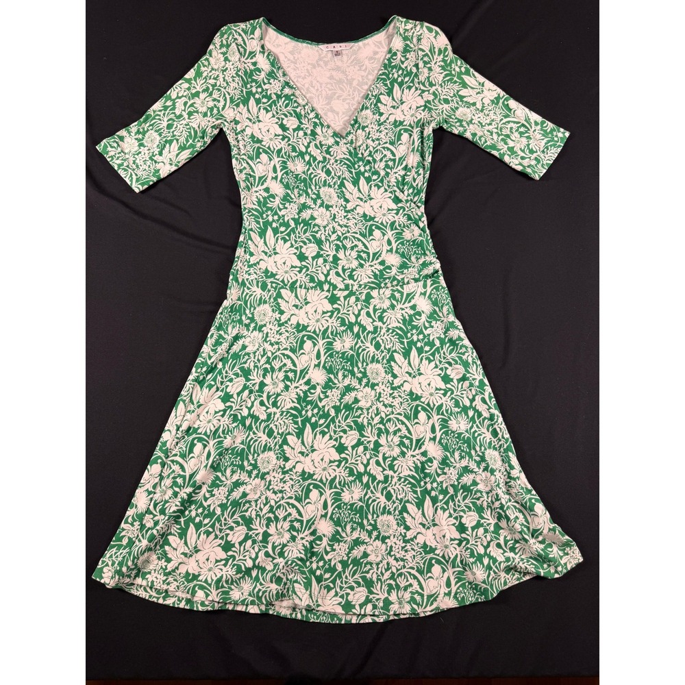 Cabi Green White Floral Faux Wrap Midi Dress‎ Style 572 Womens Small Boho